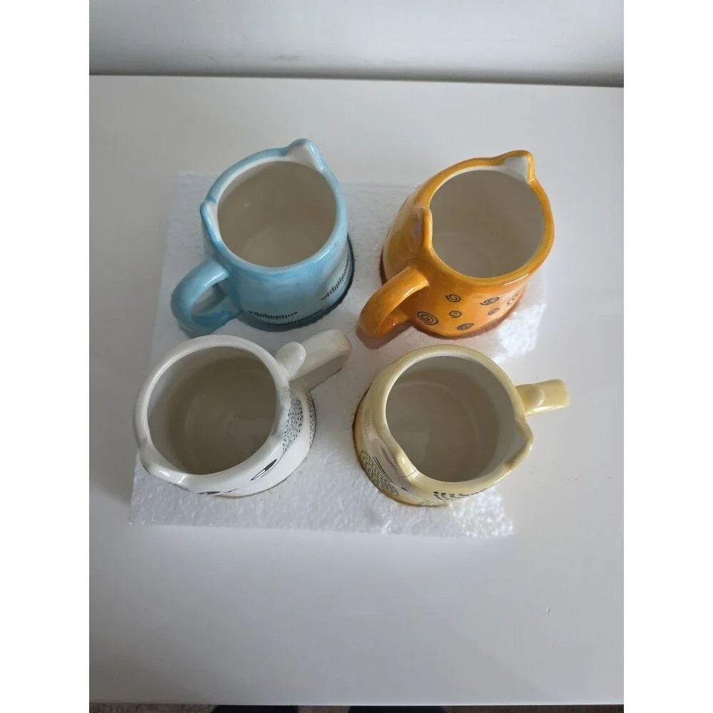 Cat Face Ceramic Mugs Set of 4 10oz Stoneware Coffee‎ Cups 1 Cracked